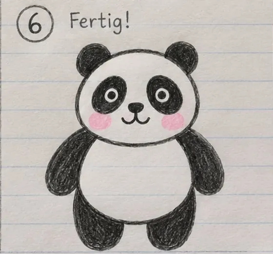 Feld 6: der fertige Panda mit schwarzen Flecken und rosa Wangen.
