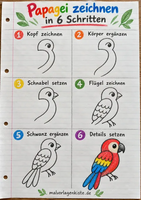Anleitungsblatt: Papagei zeichnen in 6 Schritten – vom Kopf bis zum sitzenden Papagei, im letzten Feld bunt in Rot, Gelb und Blau ausgemalt.