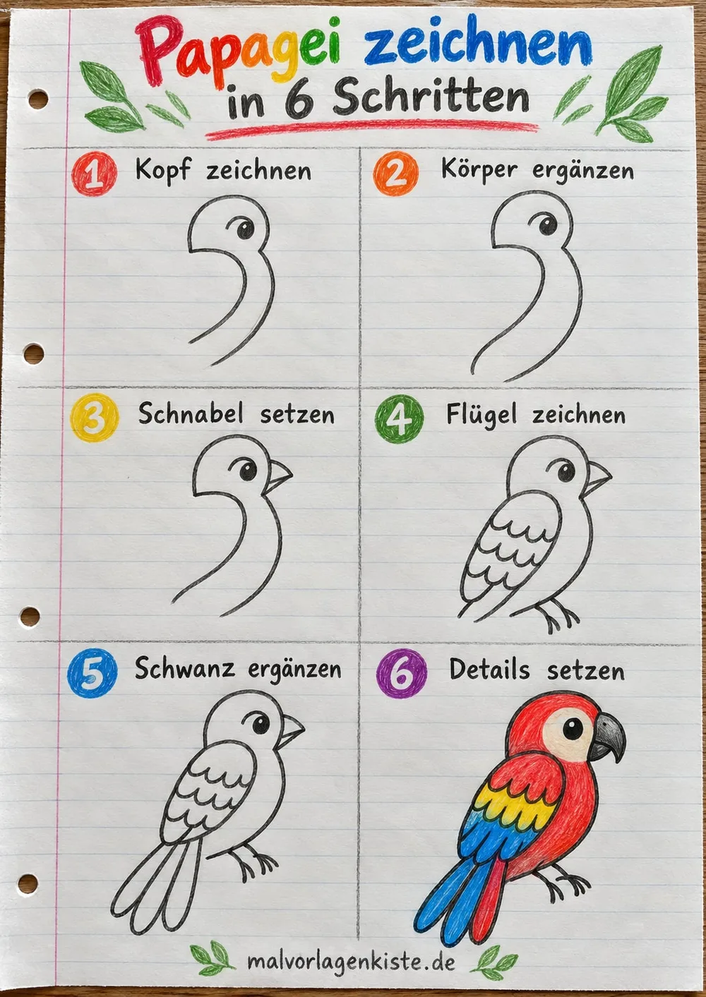Anleitungsblatt: Papagei zeichnen in 6 Schritten – vom Kopf bis zum sitzenden Papagei, im letzten Feld bunt in Rot, Gelb und Blau ausgemalt.