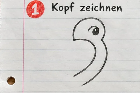 Ein runder Kopf mit Auge und eine lange, gebogene Rückenlinie.