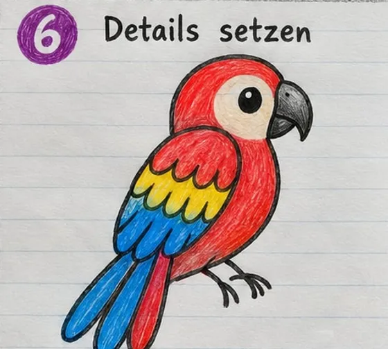 Fertiger Papagei in Rot mit gelben und blauen Flügelfedern, blauem Schwanz und grauem Schnabel.