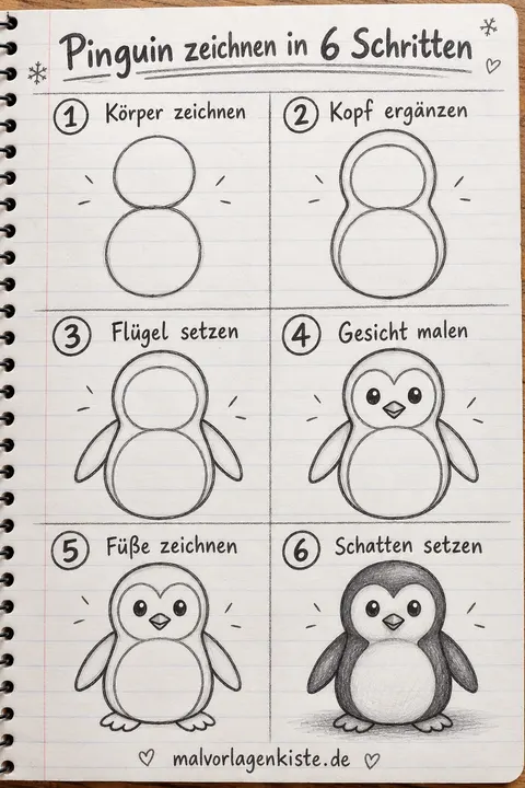 Anleitungsblatt: Pinguin zeichnen in 6 Schritten – von zwei Kreisen bis zum Pinguin mit Bleistiftschatten im letzten Feld.