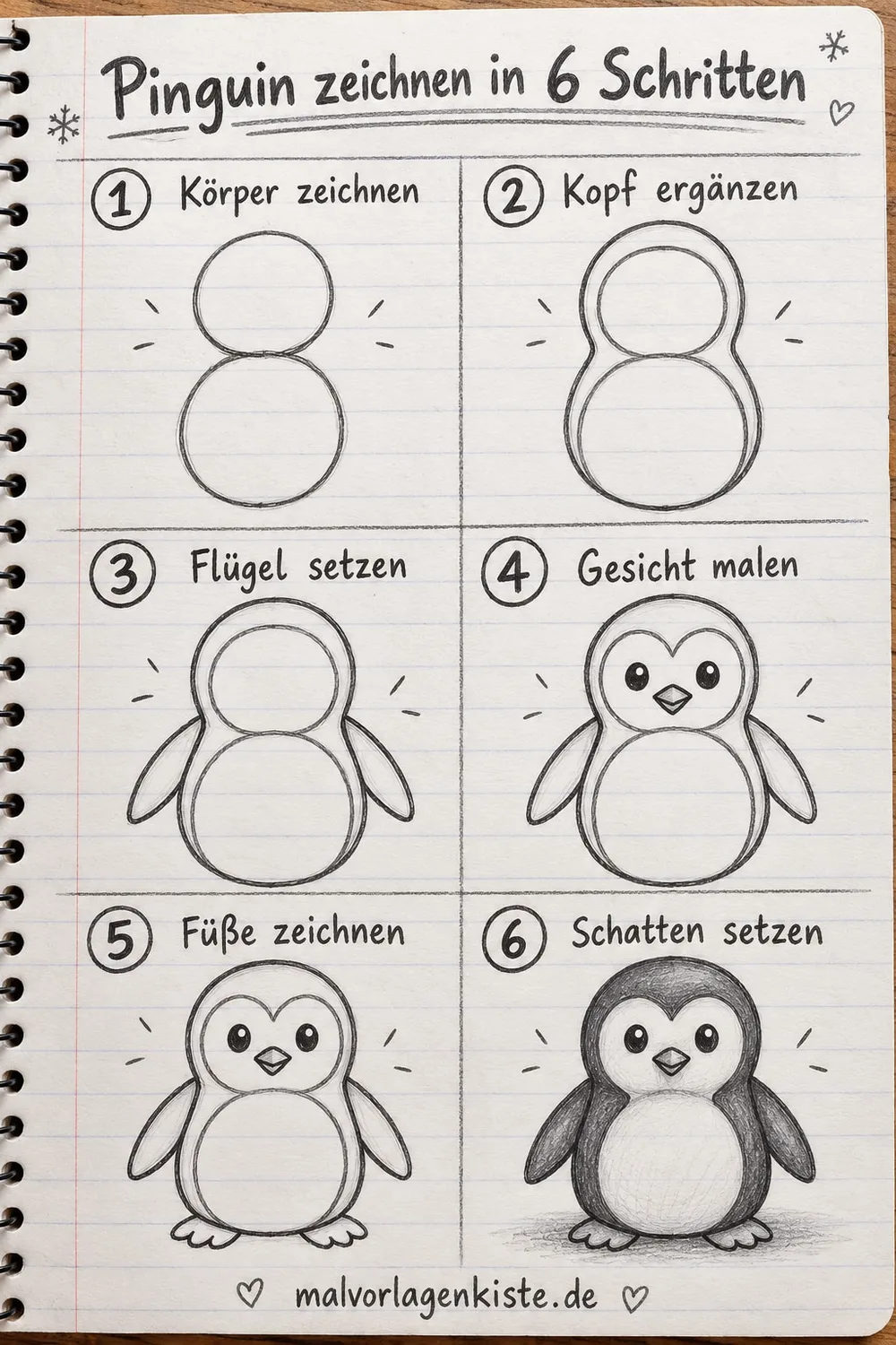 Anleitungsblatt: Pinguin zeichnen in 6 Schritten – von zwei Kreisen bis zum Pinguin mit Bleistiftschatten im letzten Feld.