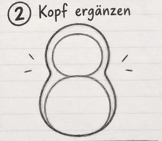 Eine runde Außenlinie umschließt beide Kreise und formt Kopf und Körper des Pinguins.