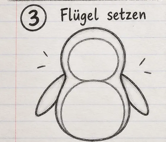 Der Pinguinkörper mit zwei schmalen, schräg abstehenden Flügeln an den Seiten.