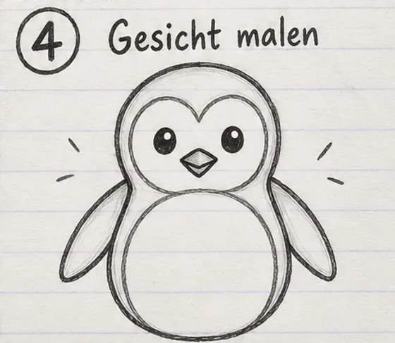 Pinguin mit herzförmiger Gesichtsmaske, zwei dunklen Augen mit Glanzpunkt und kleinem Schnabel.