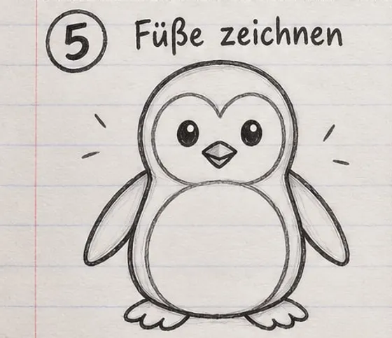 Pinguin mit zwei breiten Füßen mit je drei Zehen unter dem Bauch.