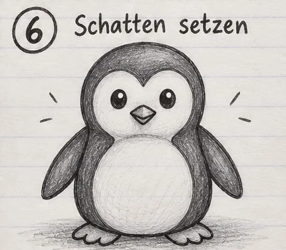 Fertiger Pinguin mit dunkel schraffiertem Kopf, Rücken und Flügeln, hellem Bauch und Schatten am Boden.