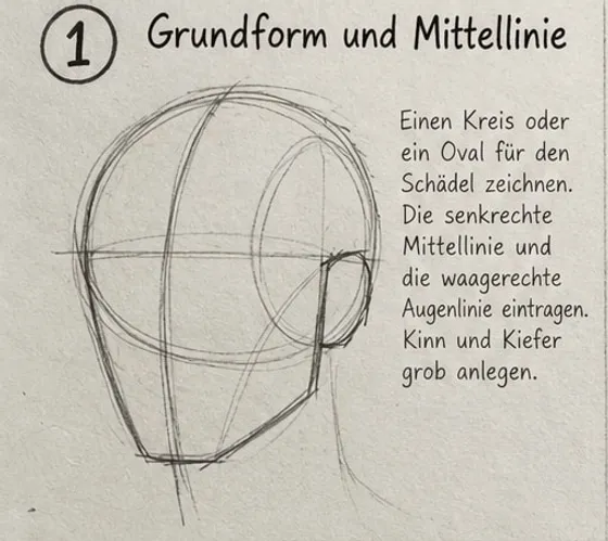 Feld 1: Kreis für den Schädel mit gebogener Mittellinie, waagerechter Augenlinie, seitlichem Oval und grob angelegtem Kiefer und Kinn.