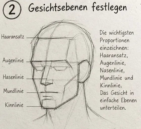 Feld 2: Kopf mit beschrifteten Linien für Haaransatz, Augen, Nase, Mund und Kinn und kantigen Gesichtsebenen.