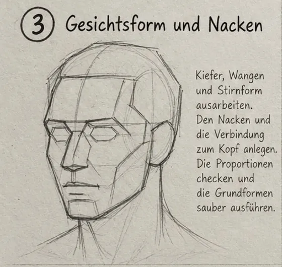 Feld 3: kantig ausgearbeiteter Kopf mit Kieferlinie, Wangenflächen, Augen- und Nasenblock und angelegtem Hals.