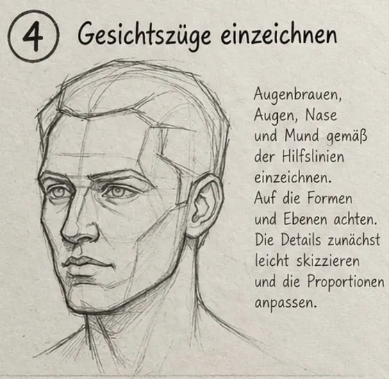 Feld 4: Kopf mit skizzierten Brauen, Augen, Nase und Mund in perspektivischer Verkürzung, Hilfslinien noch sichtbar.