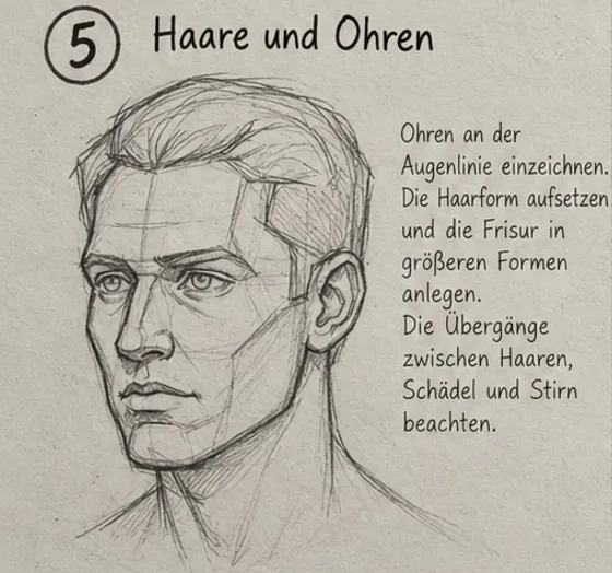 Feld 5: Kopf mit eingezeichnetem Ohr, Frisur in großen Formen und ausgearbeiteten Gesichtszügen.