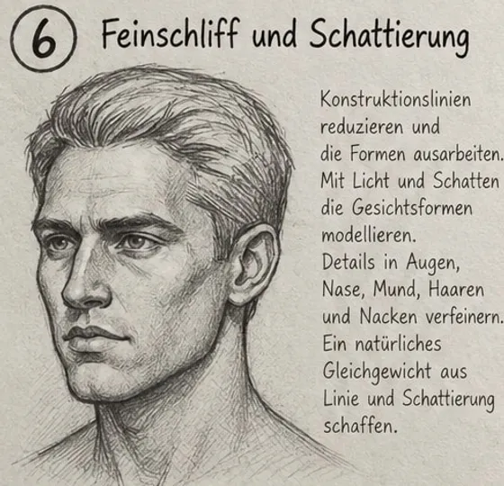 Feld 6: fertiger, schattierter Porträtkopf mit ausgearbeiteten Haaren, modellierten Gesichtsformen und Halsschatten.