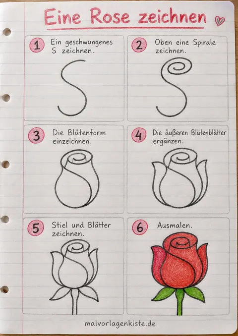 Anleitungsblatt: Rosenknospe aus einem S und einer Spirale in 6 Schritten, im letzten Feld rot und grün ausgemalt.