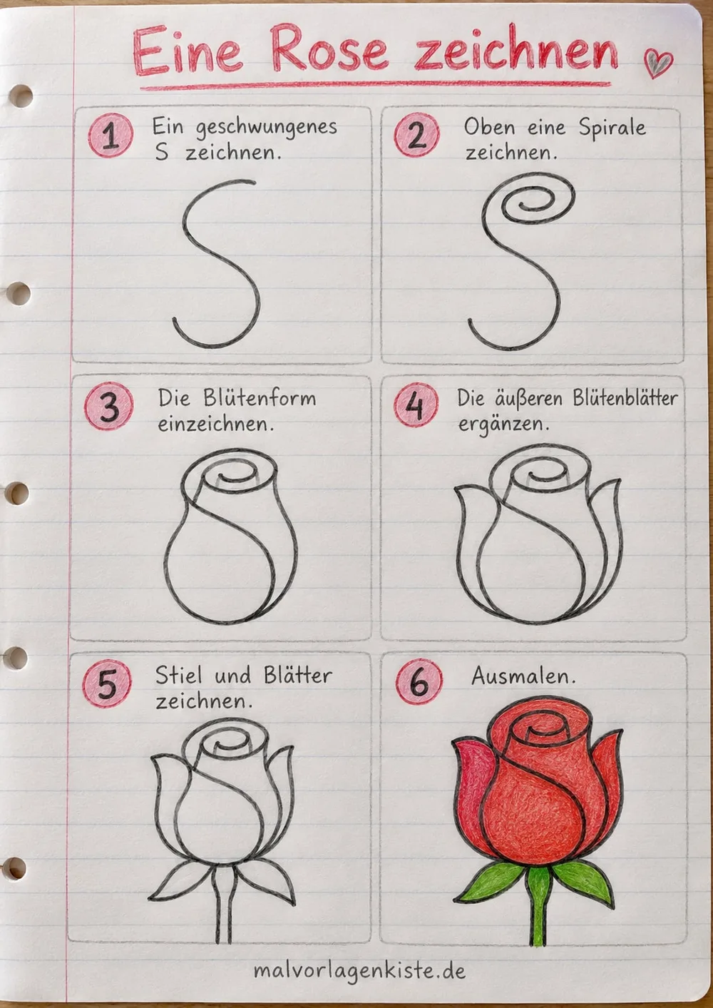 Anleitungsblatt: Rosenknospe aus einem S und einer Spirale in 6 Schritten, im letzten Feld rot und grün ausgemalt.