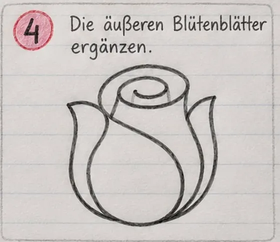 Rosenknospe mit zwei äußeren, spitz zulaufenden Blütenblättern links und rechts.