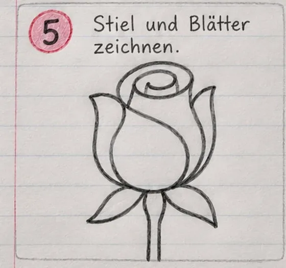 Rosenknospe mit Stiel und zwei spitzen Blättern links und rechts.