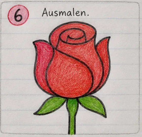 Rot ausgemalte Rosenknospe mit grünen Blättern und grünem Stiel.