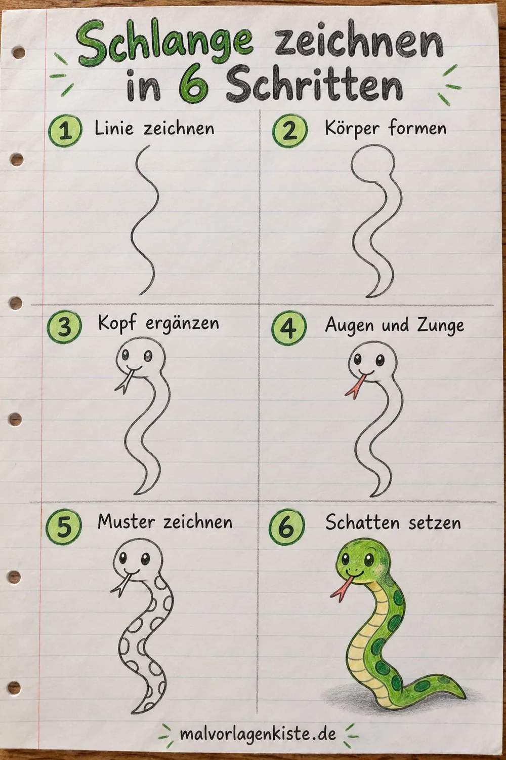 Anleitungsblatt: Schlange zeichnen in 6 Schritten, im letzten Feld grün ausgemalt.