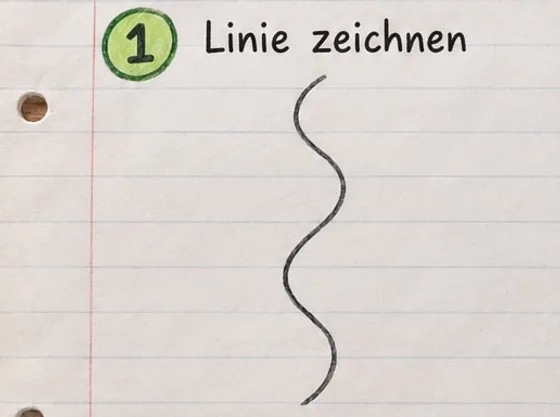 Feld 1: Eine senkrechte, wellige Linie als Grundlinie der Schlange.