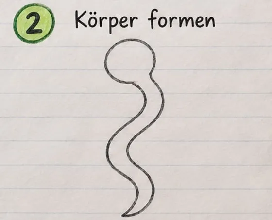 Feld 2: Schmaler, gewundener Schlangenkörper mit rundem Kopf und spitzem Schwanz.