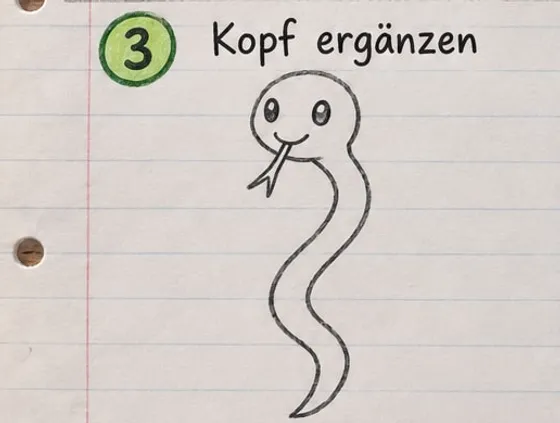 Feld 3: Kopf mit zwei Augen, Lächeln und gespaltener Zunge.
