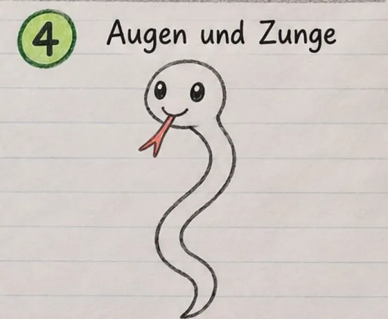 Feld 4: Die Schlange mit dunklen Augen, weißen Lichtpunkten und roter Zunge.