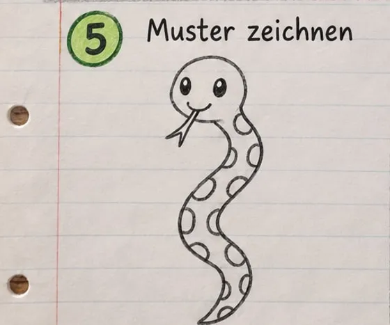 Feld 5: Fertige Strichzeichnung der Schlange mit runden Flecken als Muster.