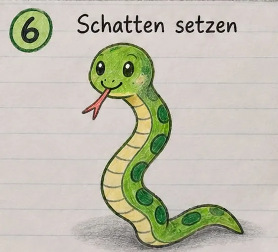 Feld 6: Grüne Schlange mit gelbem Bauch, dunkelgrünen Flecken und einem Schatten auf dem Boden.