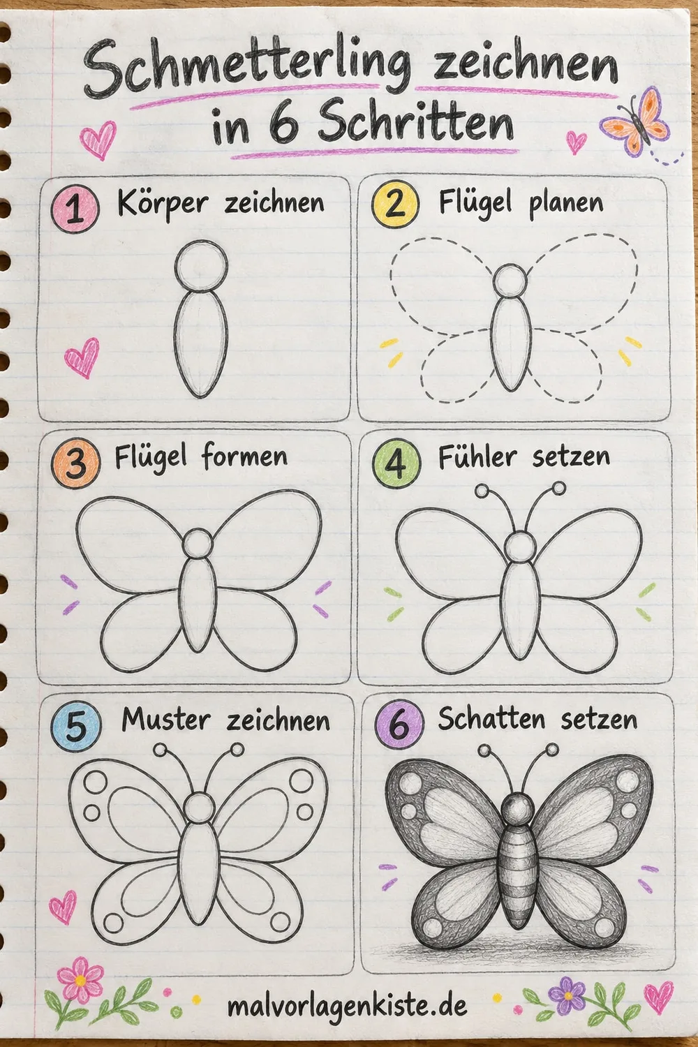 Anleitungsblatt: Schmetterling zeichnen in 6 Schritten – vom Körper über Hilfslinien bis zum Schmetterling mit Bleistiftschatten im letzten Feld.