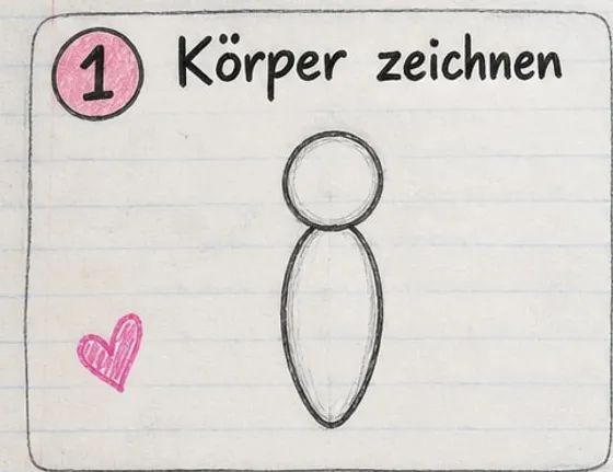 Ein kleiner Kreis als Kopf und ein langes Oval als Körper des Schmetterlings.