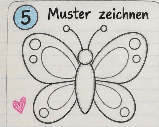 Der Schmetterling mit Innenlinien in allen Flügeln und kleinen Kreisen am Flügelrand.