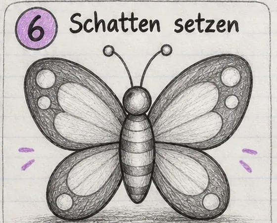 Fertiger Schmetterling mit dunkel schraffierten Flügelrändern, hellen Kreisen, geringeltem Körper und Schatten darunter.