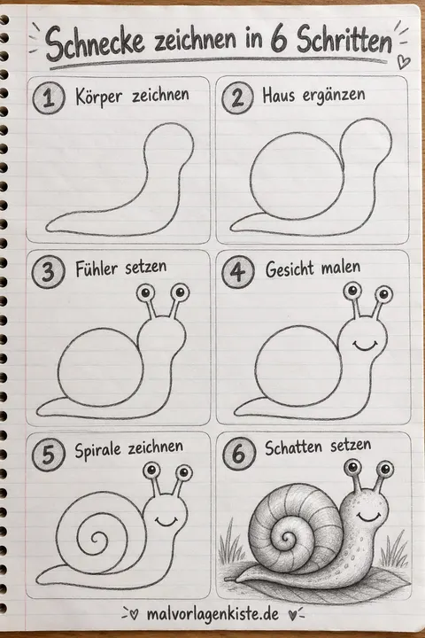 Anleitungsblatt: Schnecke zeichnen in 6 Schritten, im letzten Feld mit Bleistift schattiert.