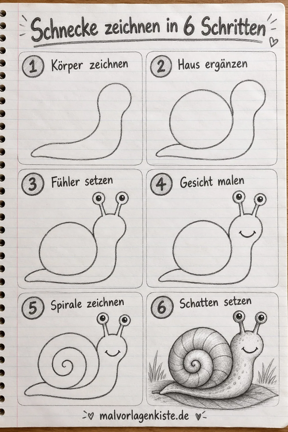 Anleitungsblatt: Schnecke zeichnen in 6 Schritten, im letzten Feld mit Bleistift schattiert.