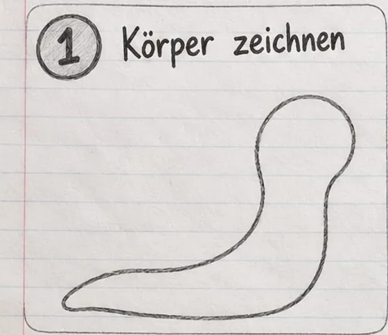 Feld 1: Der Schneckenkörper mit rundem Kopf, Hals und langem, flachem Fuß.