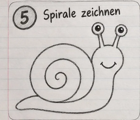 Feld 5: Fertige Strichzeichnung mit Spirale im Schneckenhaus.