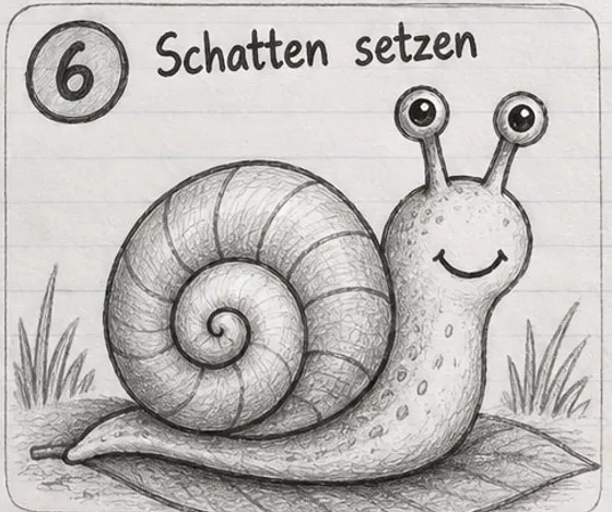 Feld 6: Schattierte Schnecke mit gestreiftem Spiralhaus und gepunktetem Körper auf einem Blatt im Gras.