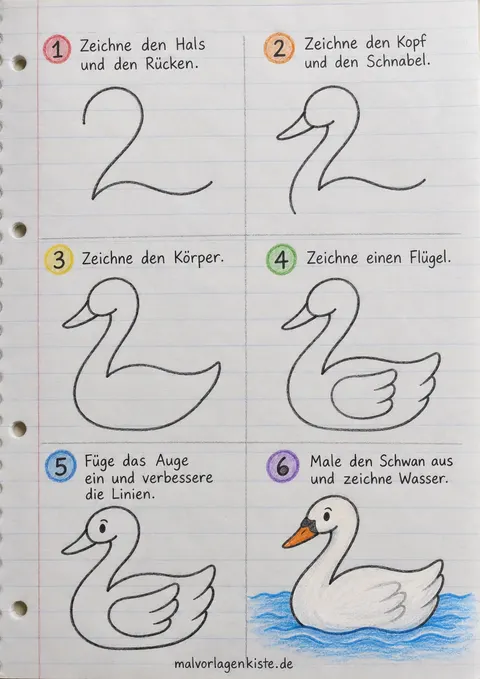 Anleitungsblatt: Schwan zeichnen in 6 Schritten – von der Linie wie eine 2 bis zum Schwan auf dem Wasser, im letzten Feld bunt ausgemalt.