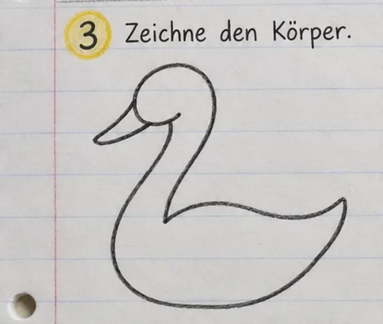 Der Schwan mit großem, rundem Körper und spitz nach oben zeigendem Schwanz.