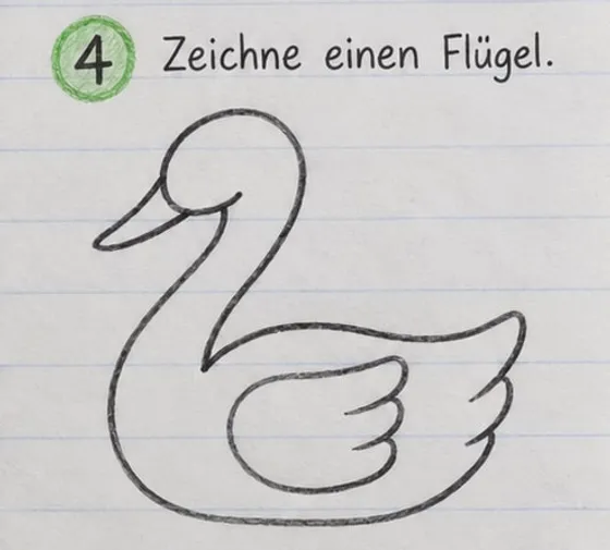 Der Schwan mit einem Flügel mit drei Federspitzen auf dem Körper.