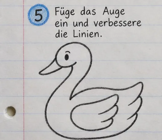 Der Schwan mit Auge, Augenbraue und sauber nachgezogenen Linien.