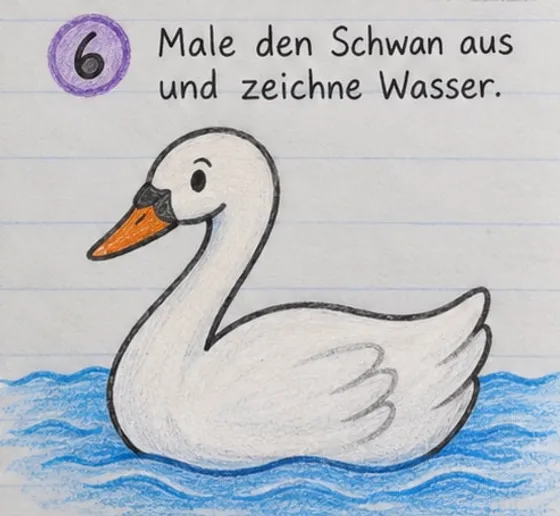 Fertiger weißer Schwan mit orangem Schnabel, der auf blauem Wasser schwimmt.