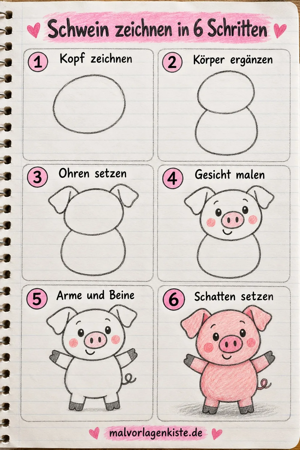 Anleitungsblatt: niedliches Schwein in 6 Schritten, im letzten Feld rosa ausgemalt mit Schatten.