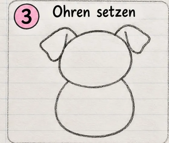 Kopf und Körper mit zwei Schlappohren, deren Spitzen nach unten klappen.