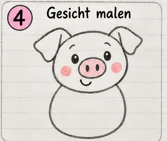 Schweinekopf mit ovalem Rüssel, zwei Augen, Brauen, lächelndem Mund und rosa Bäckchen.