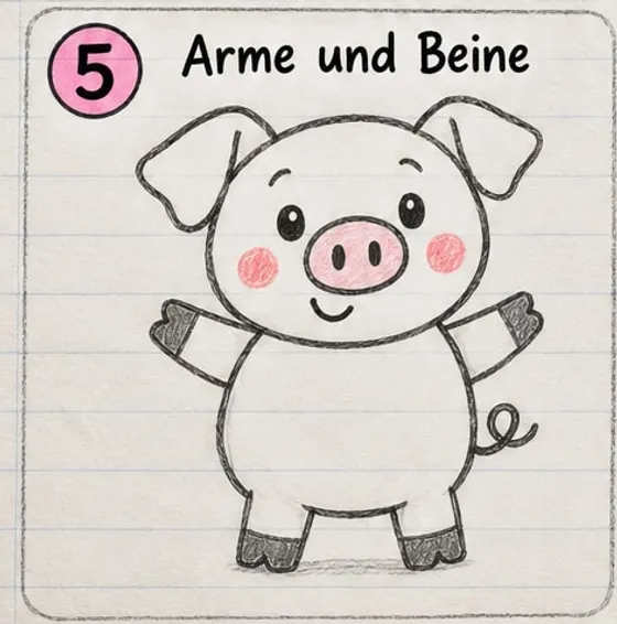 Schwein mit winkenden Armen, kurzen Beinen mit dunklen Hufen und Ringelschwanz.