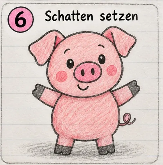 Rosa ausgemaltes Schwein mit dunkleren Ohren und grauem Schatten unter den Füßen.
