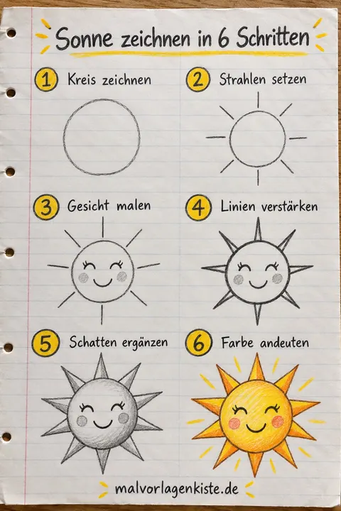 Anleitungsblatt: lachende Sonne in 6 Schritten vom Kreis zur Zackensonne, im letzten Feld gelb und orange ausgemalt.